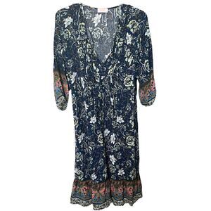 C + D + M ABOVE ANKLE V-NECK TUNIC DRESS, WOMENS, XL-NAVY WITH MULTICOLOR FLORAL